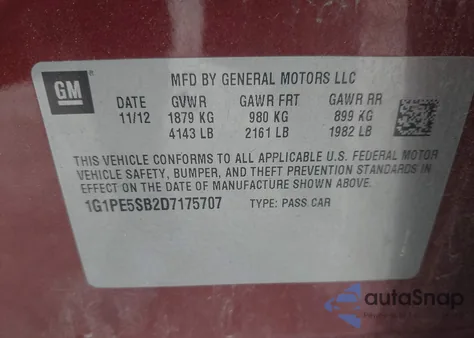 2013 Chevrolet Cruze 2Lt Auto from USA, damaged, VIN 1G1PE5SB2D7175707